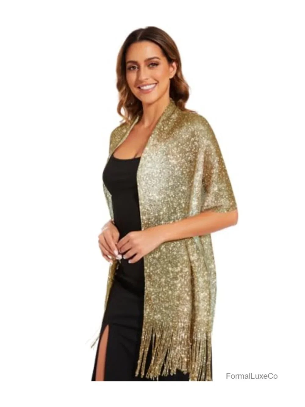 Wrapped Up in Style: Metallic Fringe Shawl with Decorative Buckle for Party &
